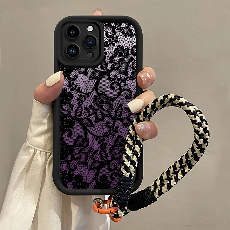 Matte Pc Case - Schwarze Lila Spitzen-Handyhülle mit Trageriemen für