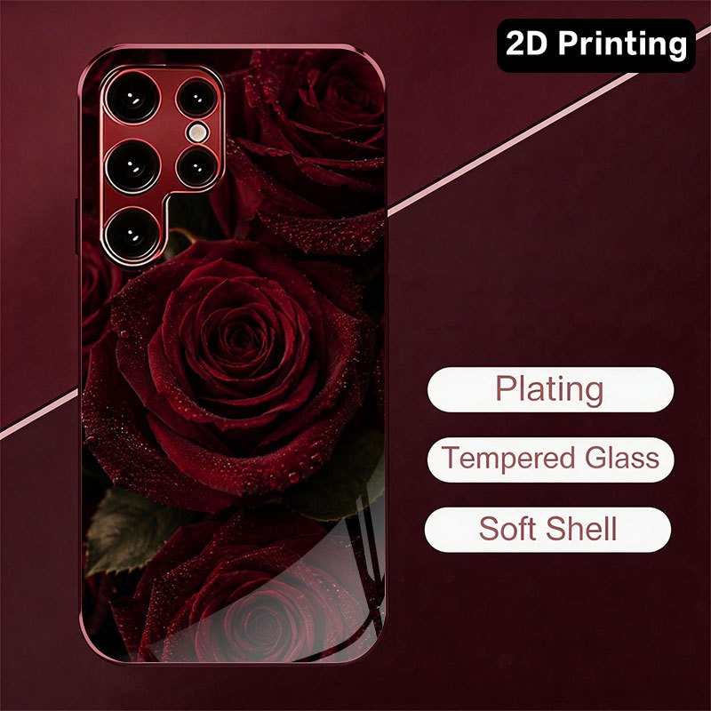 Computer Case - Glas-Handyhülle mit dunkelrotem Rosenmuster, passend für